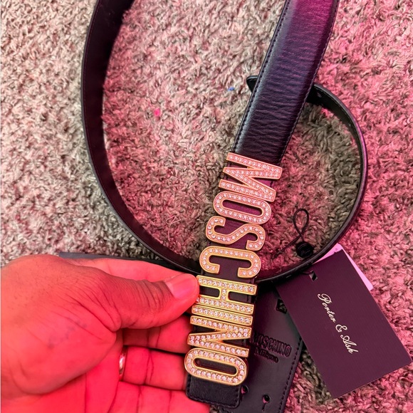 Moschino Black Leather Belt with Gold Crystal Logo - Picture 5 of 9